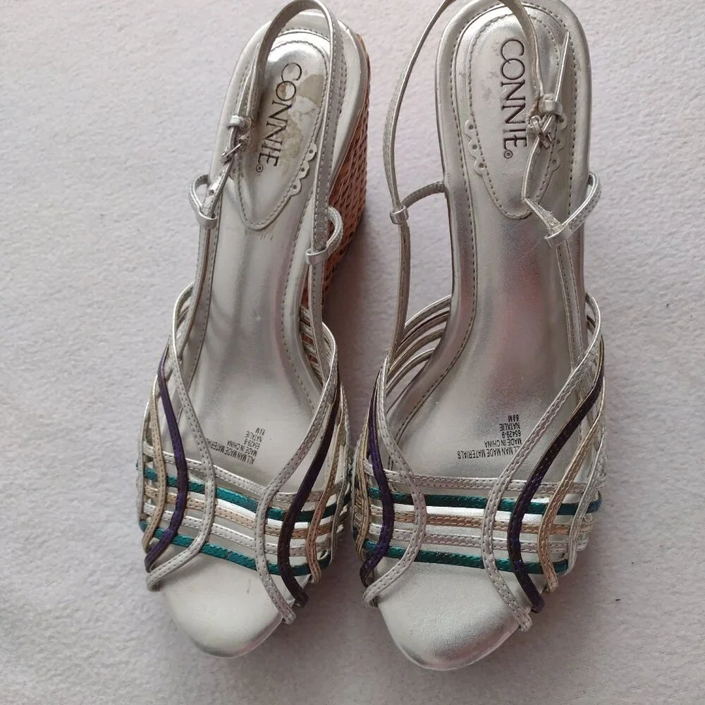Connie Metallic Strappy Slingback Wedge 8.5 M Silver Straw Sandals - Picture 3 of 11